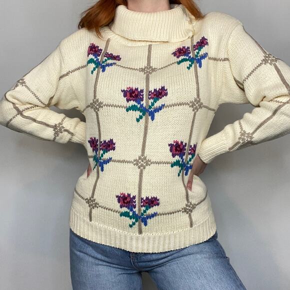 Vintage 80s Eagles Eye Size Small Ivory Cream Floral Print Turtleneck Sweater - Picture 6 of 14
